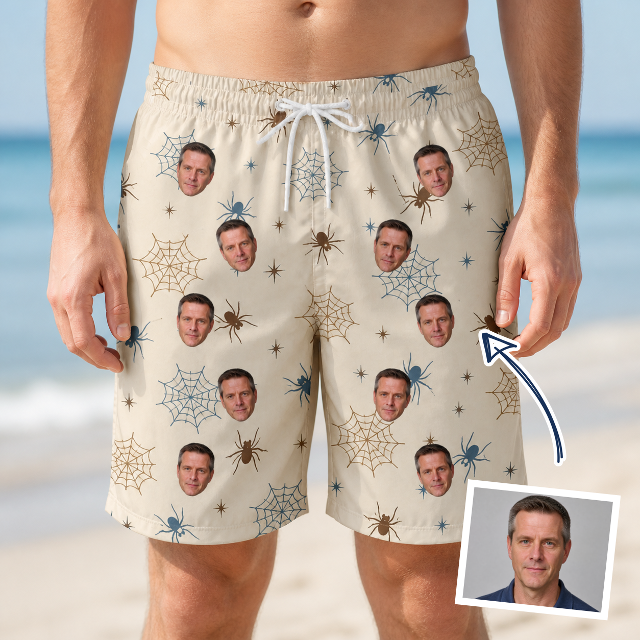 Man wearing Men's Macabre Mesh Custom Face Beach Shorts — custom faces printed all-over