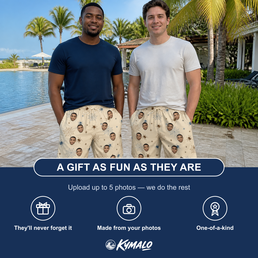Friends in matching Men's Macabre Mesh Custom Face Beach Shorts — a group gift photo