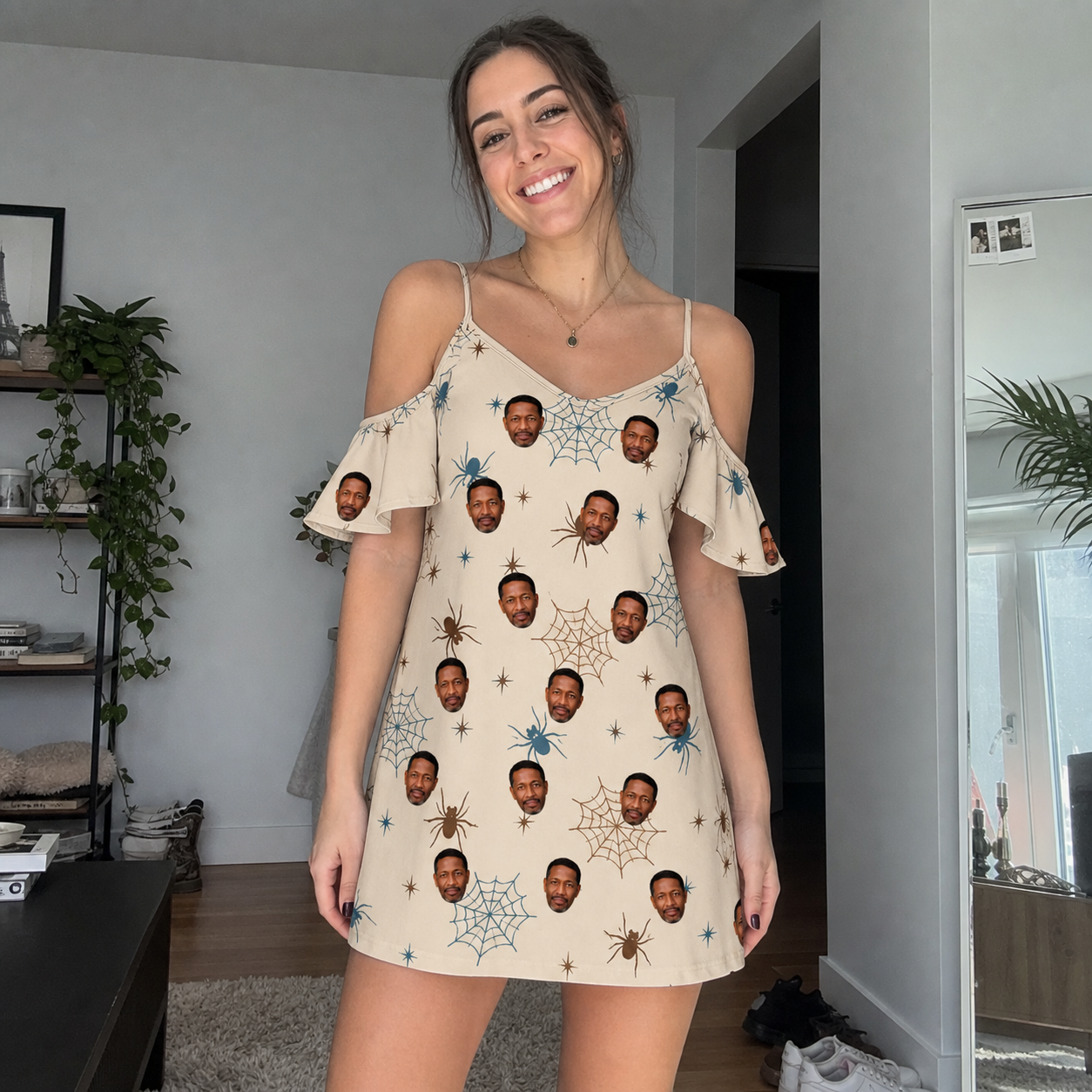 Real-life photo of someone wearing Women's Macabre Mesh Custom Face Off-Shoulder Dress — custom faces printed all-over