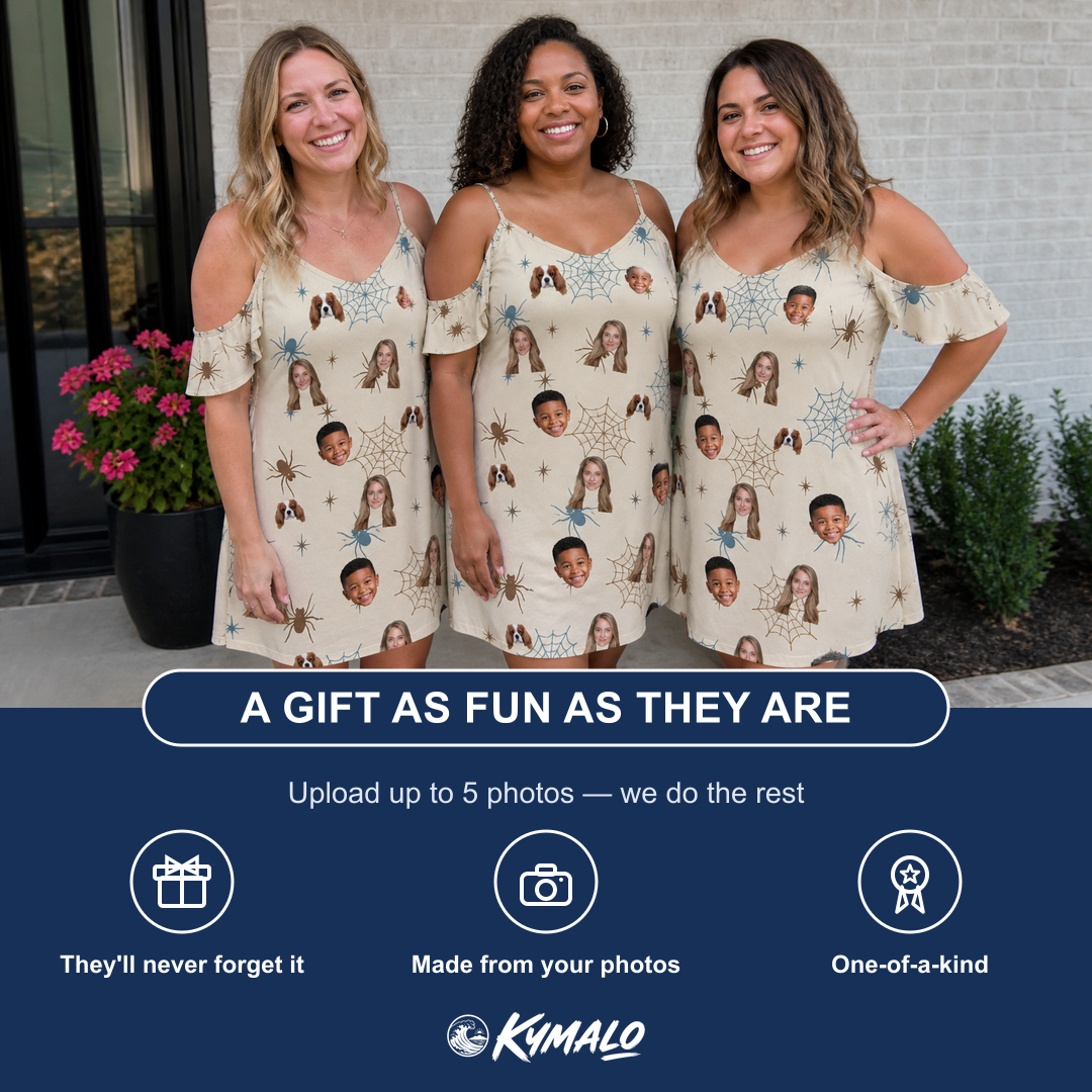 Friends in matching Women's Macabre Mesh Custom Face Off-Shoulder Dress — a group gift photo