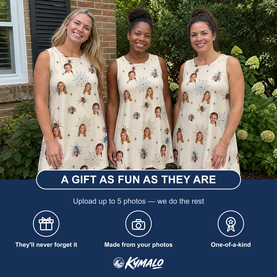 Friends in matching Women's Macabre Mesh Custom Face Tank Dress — a group gift photo