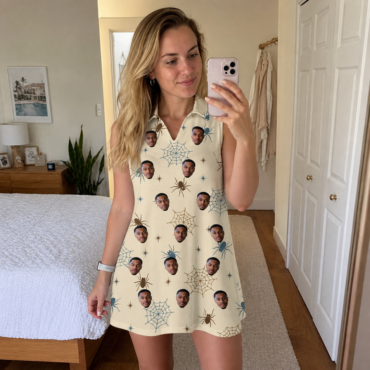 Real-life photo of someone wearing Women's Macabre Mesh Custom Face V-Neck Dress — custom faces printed all-over