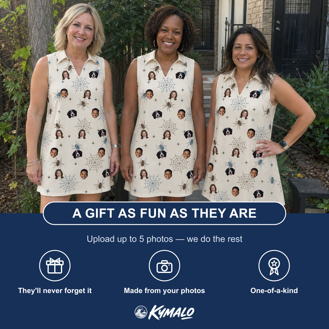Friends in matching Women's Macabre Mesh Custom Face V-Neck Dress — a group gift photo