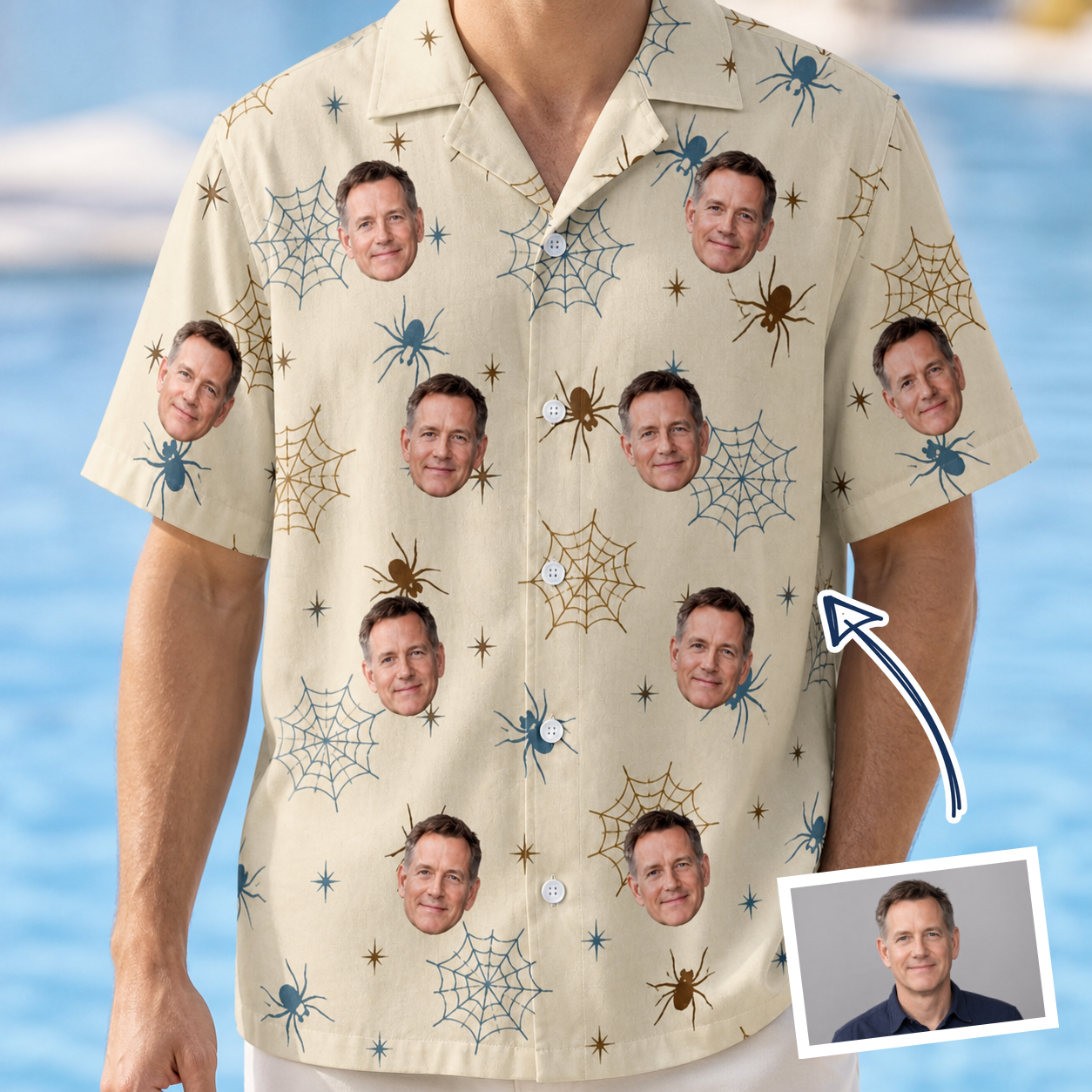 Man wearing Men's Macabre Mesh Custom Face Hawaiian Shirt — custom faces printed all-over