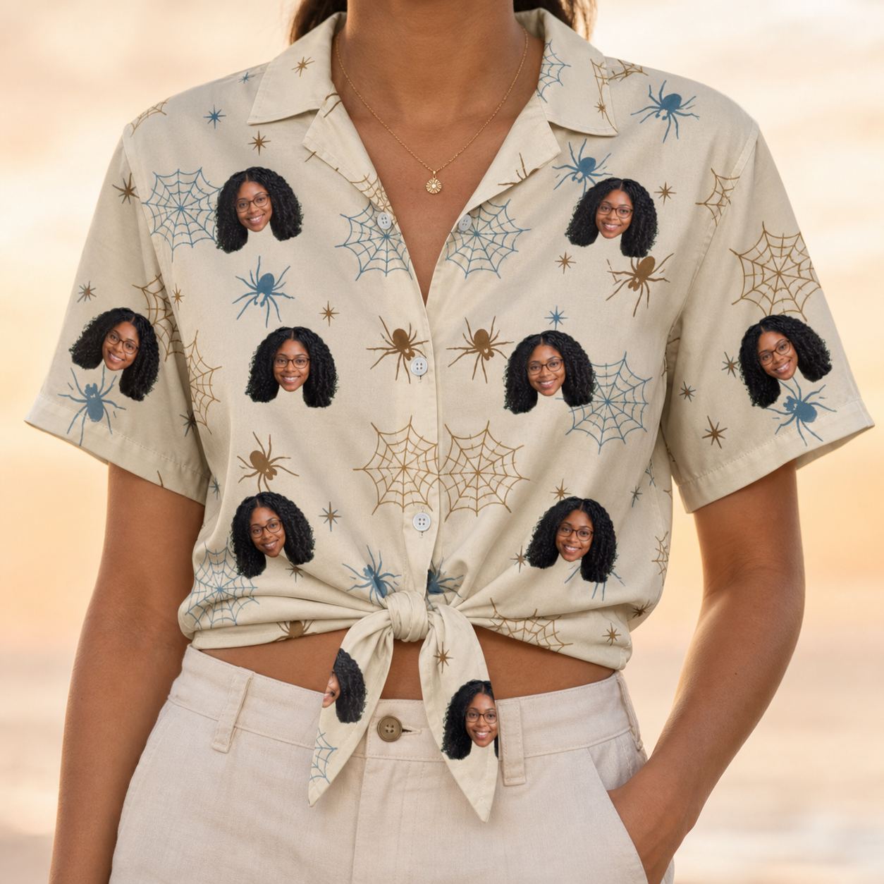 Woman wearing Women's Macabre Mesh Custom Face Hawaiian Shirt tied at the waist