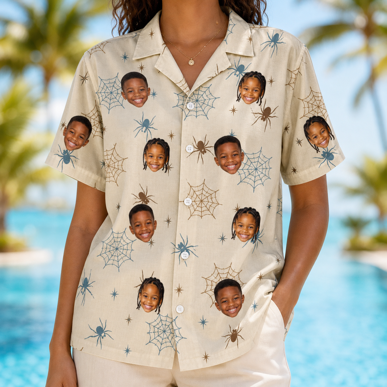 Model wearing Women's Macabre Mesh Custom Face Hawaiian Shirt printed with kids' faces