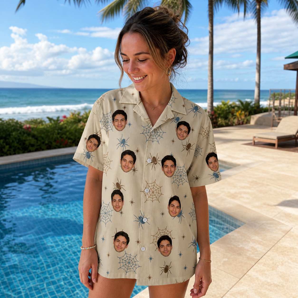 Real-life photo of someone wearing Women's Macabre Mesh Custom Face Hawaiian Shirt — custom faces printed all-over