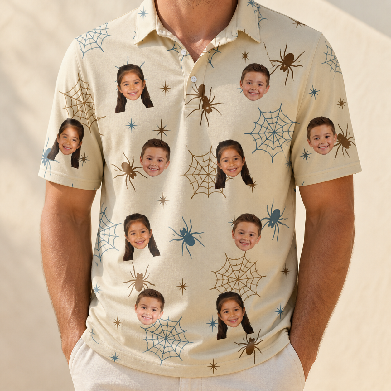 Model wearing Men's Macabre Mesh Custom Face Polo Shirt printed with kids' faces