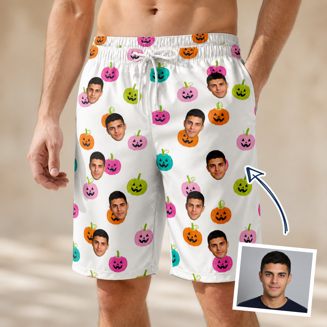Man wearing Men's Patch Prowlers Custom Face Beach Shorts — custom faces printed all-over