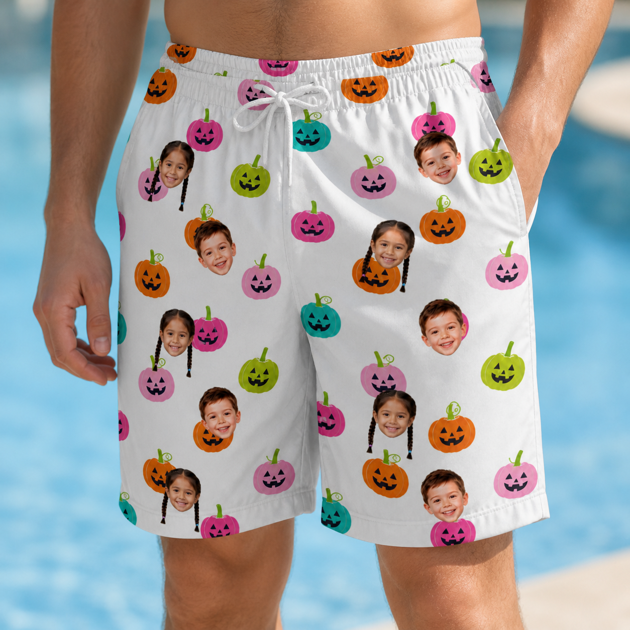 Model wearing Men's Patch Prowlers Custom Face Beach Shorts printed with kids' faces