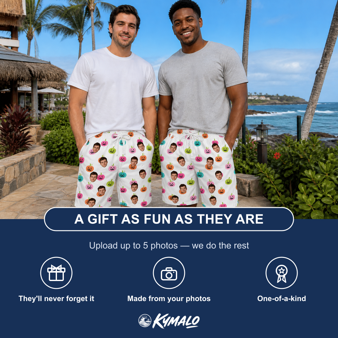 Friends in matching Men's Patch Prowlers Custom Face Beach Shorts — a group gift photo