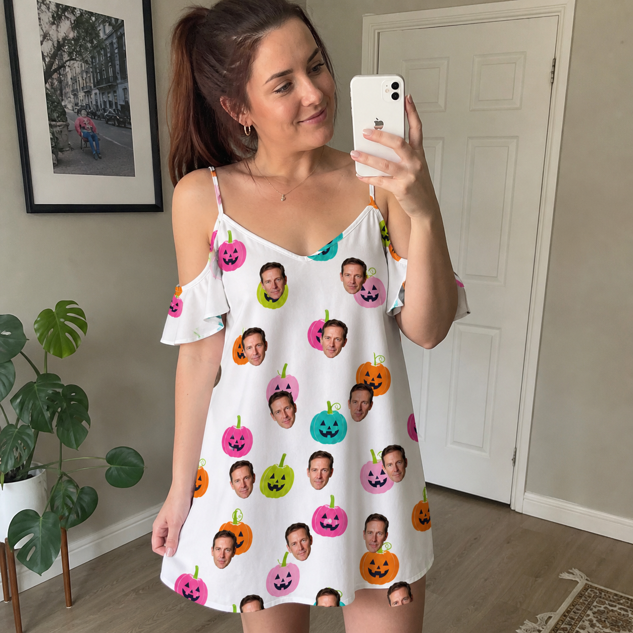 Real-life photo of someone wearing Women's Patch Prowlers Custom Face Off-Shoulder Dress — custom faces printed all-over