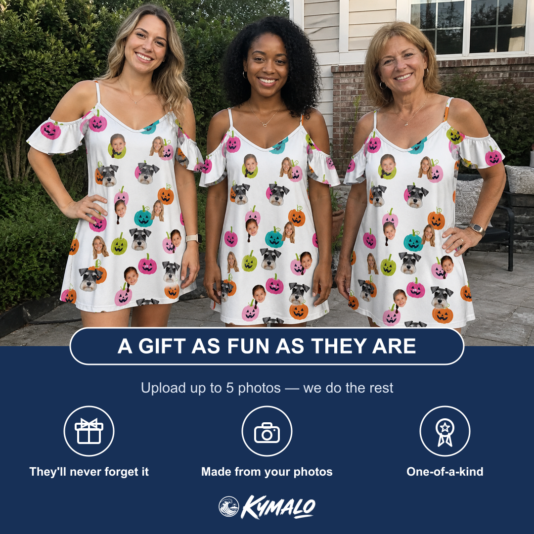 Friends in matching Women's Patch Prowlers Custom Face Off-Shoulder Dress — a group gift photo