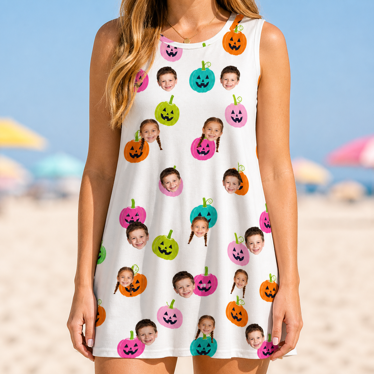 Model wearing Women's Patch Prowlers Custom Face Tank Dress printed with kids' faces
