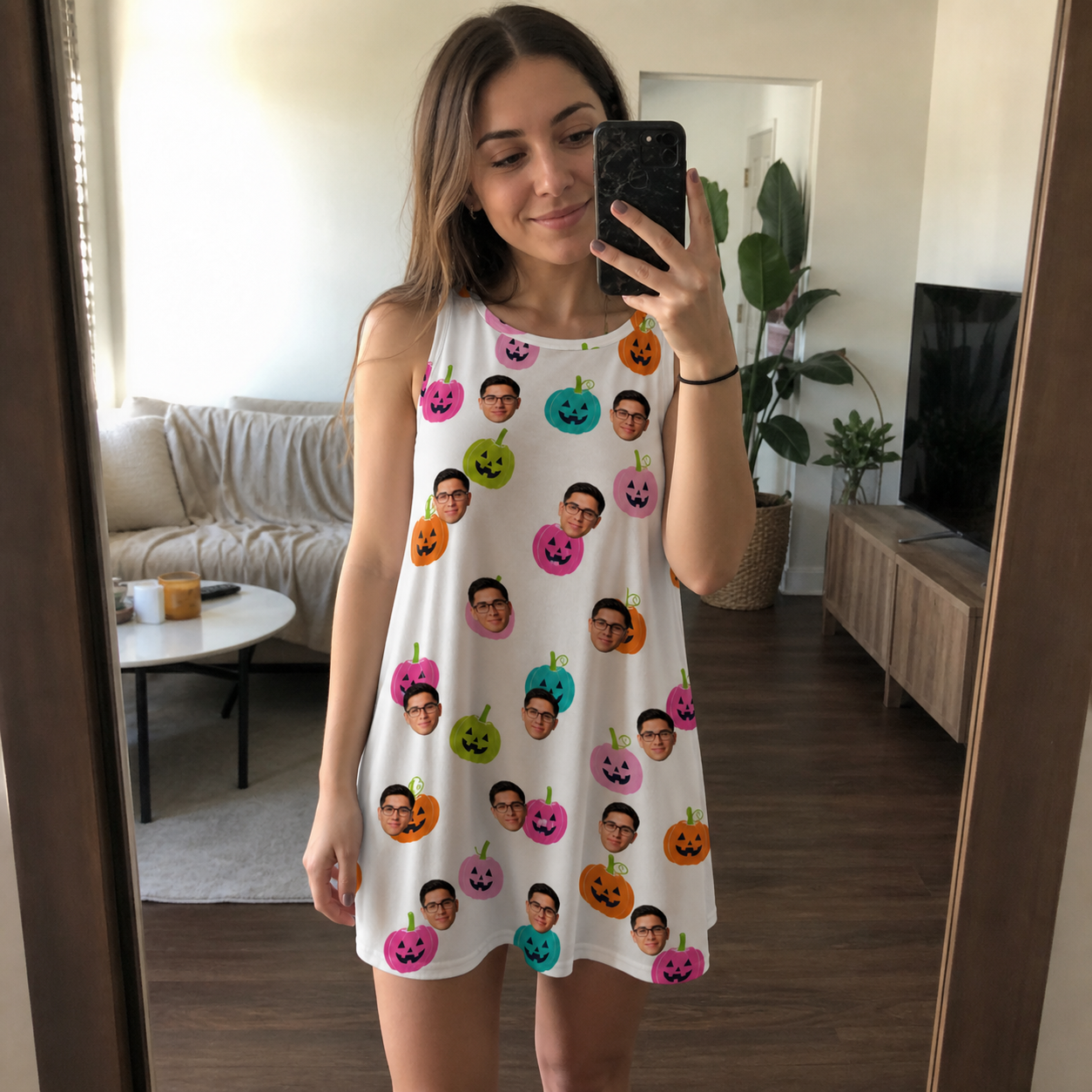 Real-life photo of someone wearing Women's Patch Prowlers Custom Face Tank Dress — custom faces printed all-over