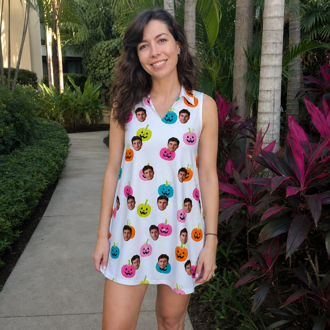 Real-life photo of someone wearing Women's Patch Prowlers Custom Face V-Neck Dress — custom faces printed all-over