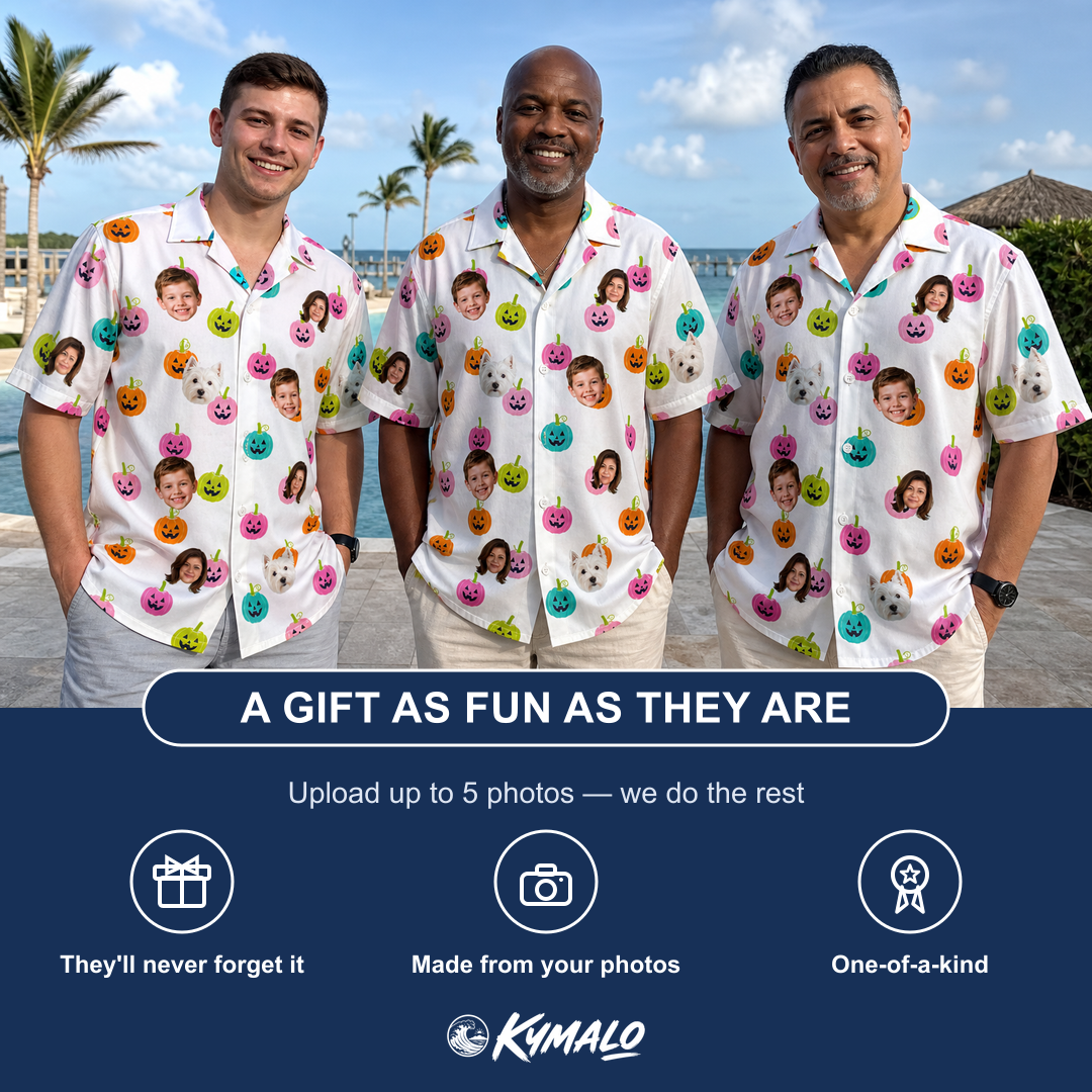 Friends in matching Men's Patch Prowlers Custom Face Hawaiian Shirt — a group gift photo