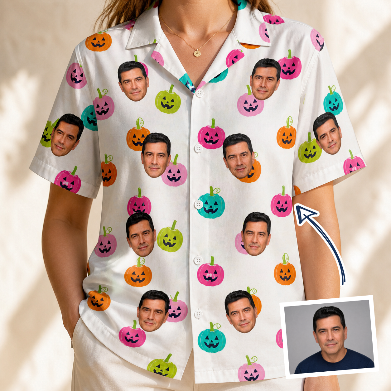 Woman wearing Women's Patch Prowlers Custom Face Hawaiian Shirt — custom faces printed all-over