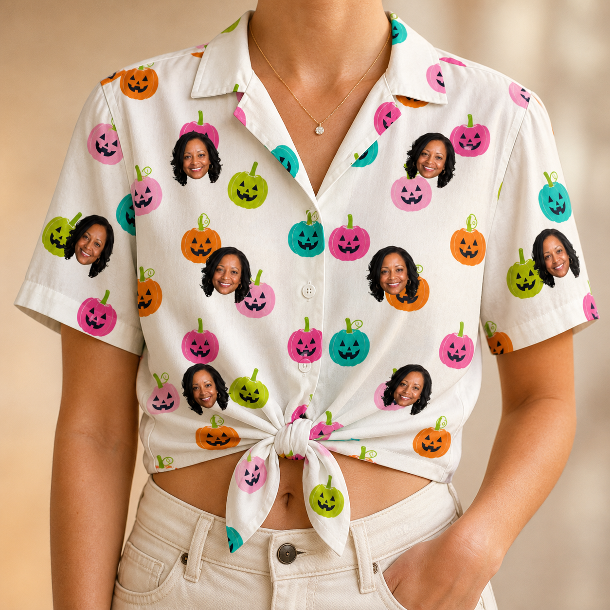 Woman wearing Women's Patch Prowlers Custom Face Hawaiian Shirt tied at the waist