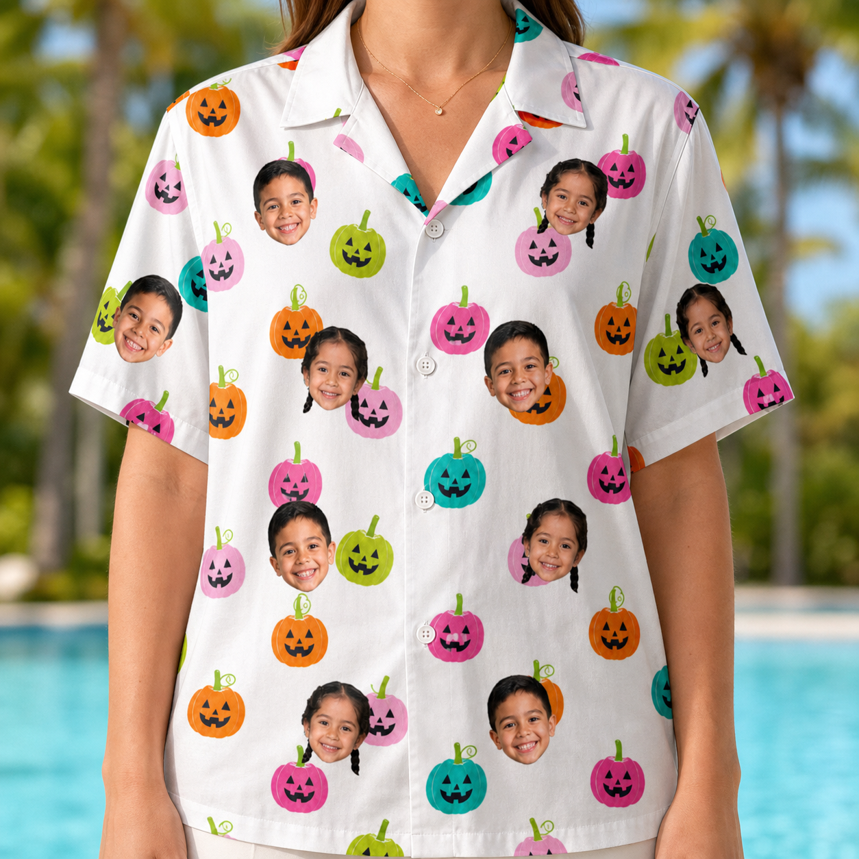 Model wearing Women's Patch Prowlers Custom Face Hawaiian Shirt printed with kids' faces