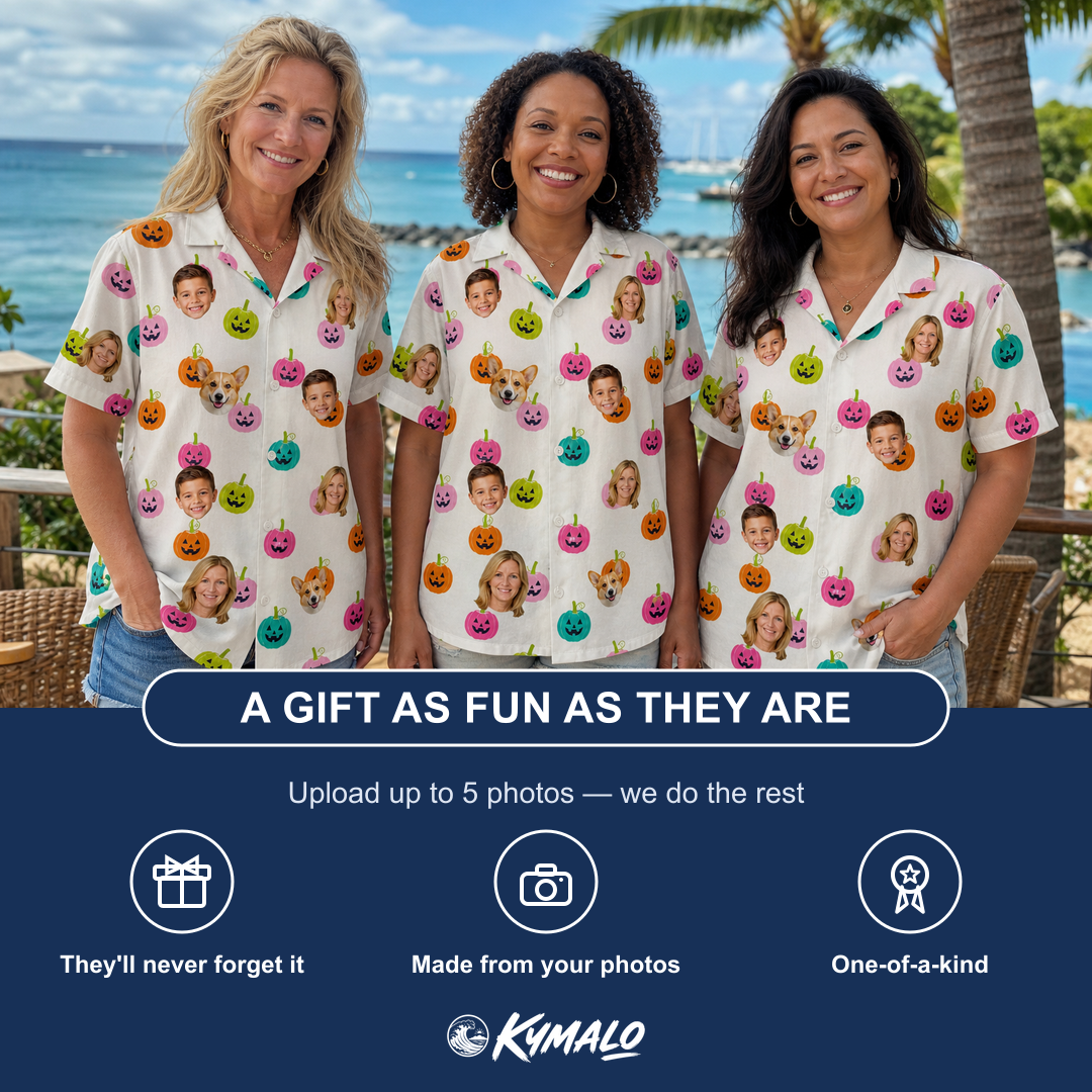 Friends in matching Women's Patch Prowlers Custom Face Hawaiian Shirt — a group gift photo