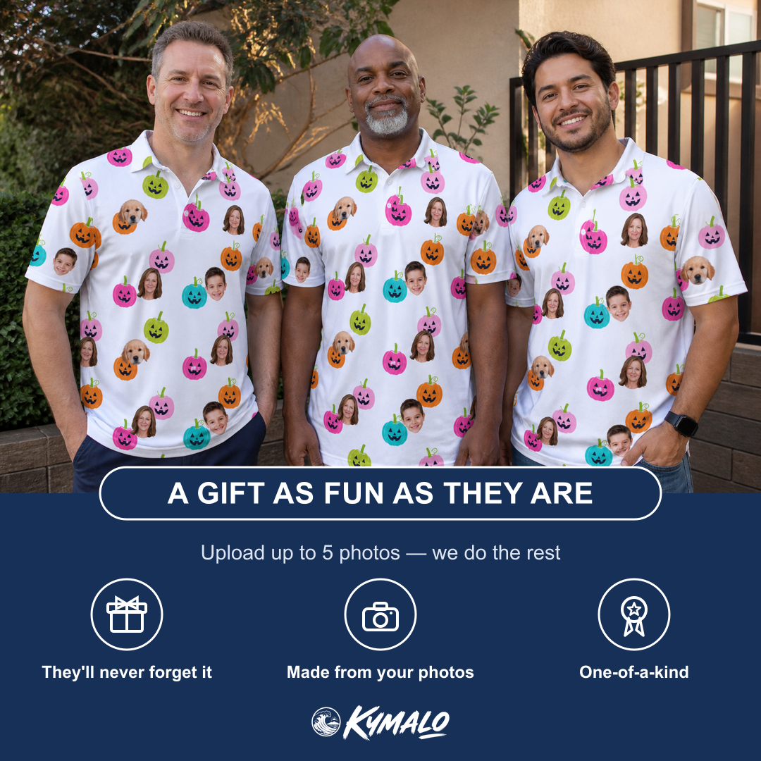 Friends in matching Men's Patch Prowlers Custom Face Polo Shirt — a group gift photo