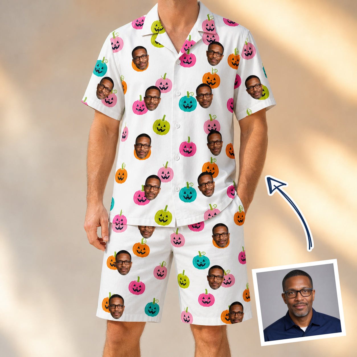 Man wearing Men's Patch Prowlers Custom Face Shirt & Shorts Set — custom faces printed all-over