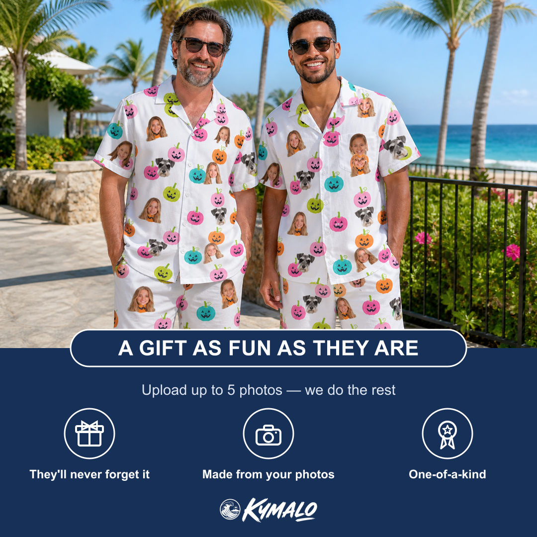 Friends in matching Men's Patch Prowlers Custom Face Shirt & Shorts Set — a group gift photo