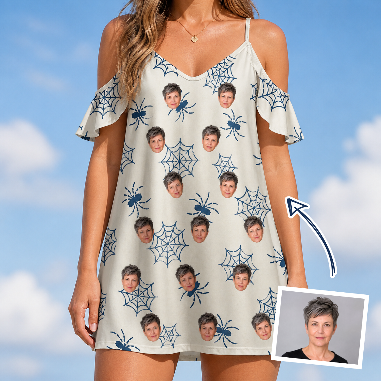 Woman wearing Women's Gloom Looms Custom Face Off-Shoulder Dress — custom faces printed all-over