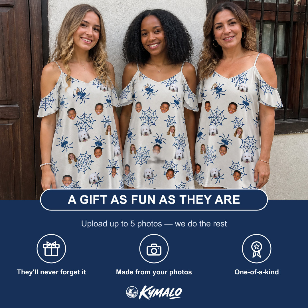 Friends in matching Women's Gloom Looms Custom Face Off-Shoulder Dress — a group gift photo