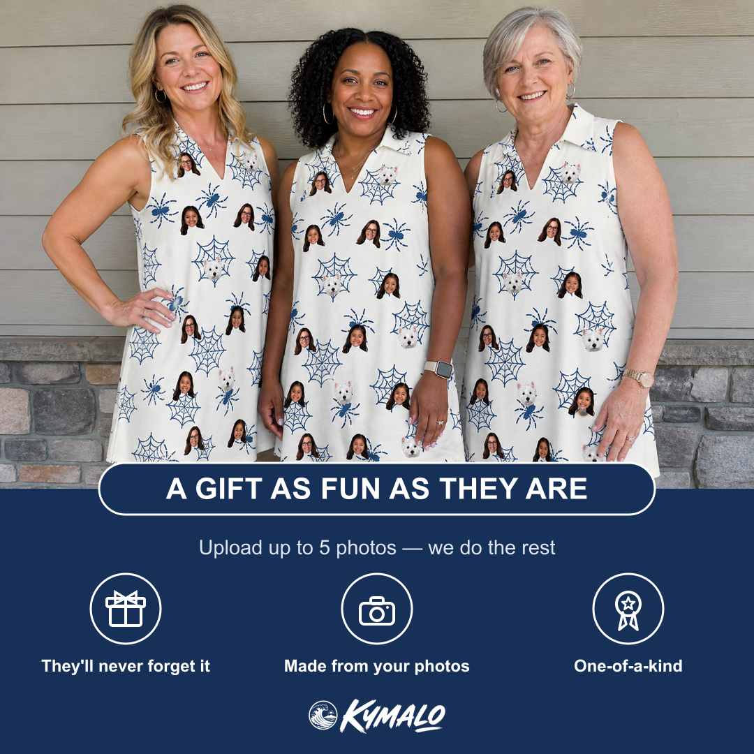 Friends in matching Women's Gloom Looms Custom Face V-Neck Dress — a group gift photo