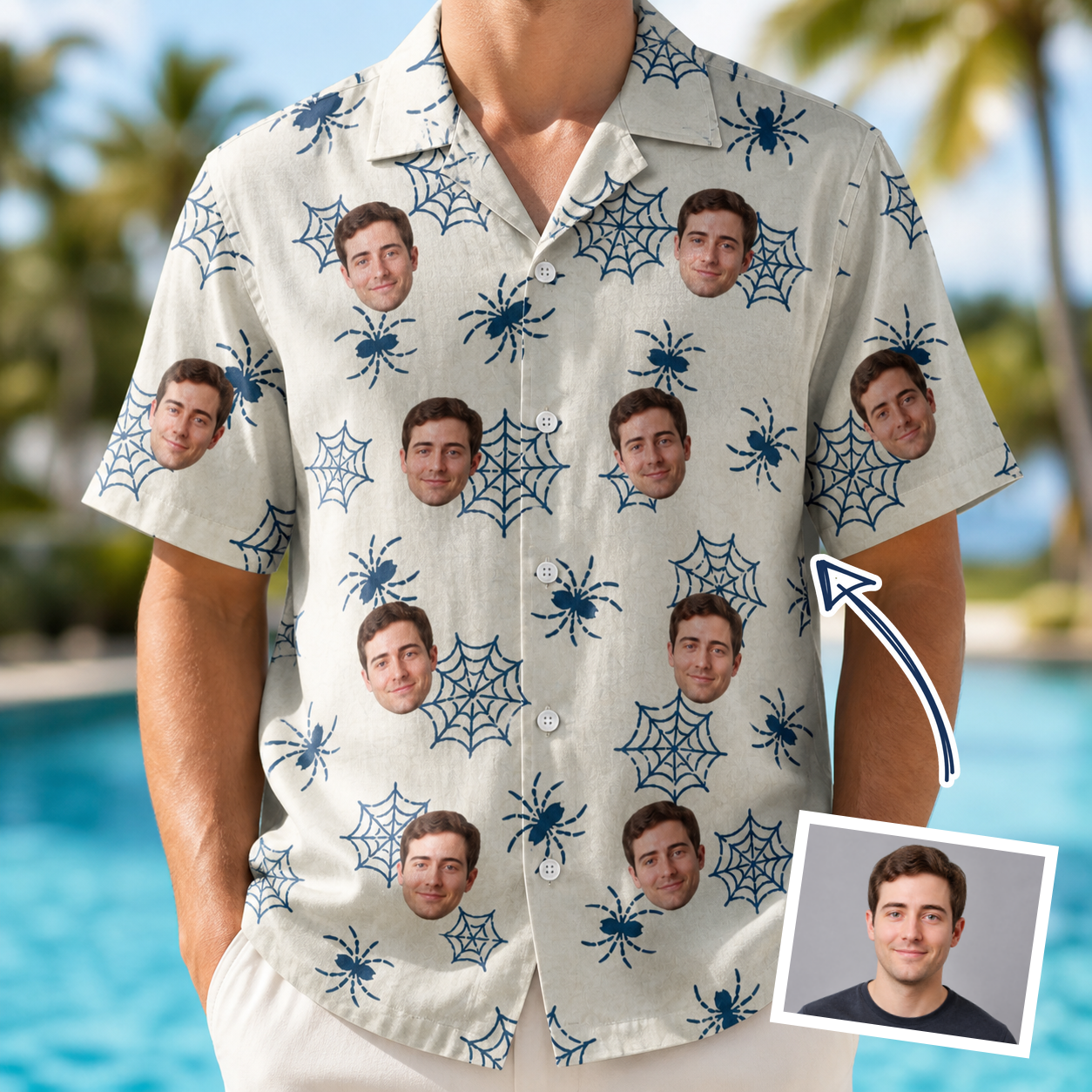 Man wearing Men's Gloom Looms Custom Face Hawaiian Shirt — custom faces printed all-over