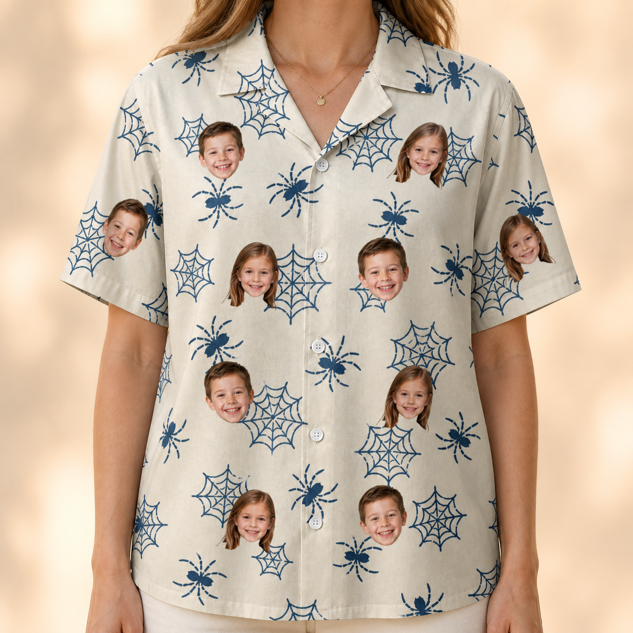 Model wearing Women's Gloom Looms Custom Face Hawaiian Shirt printed with kids' faces