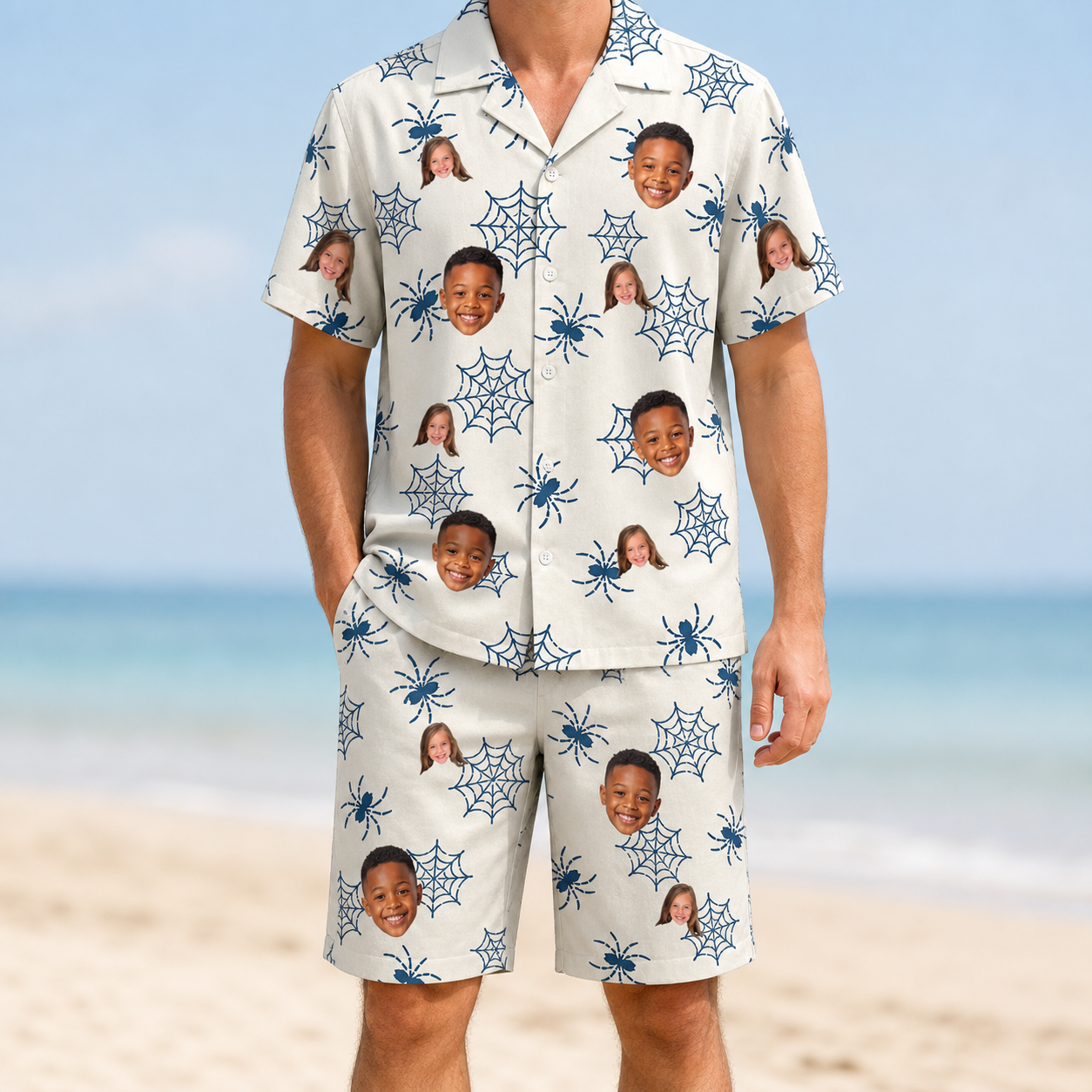 Model wearing Men's Gloom Looms Custom Face Shirt & Shorts Set printed with kids' faces