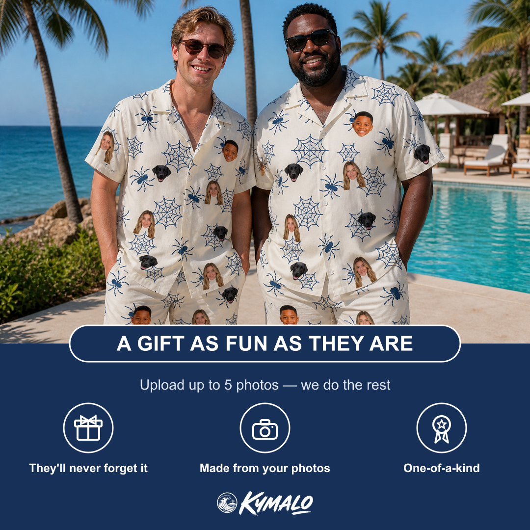 Friends in matching Men's Gloom Looms Custom Face Shirt & Shorts Set — a group gift photo