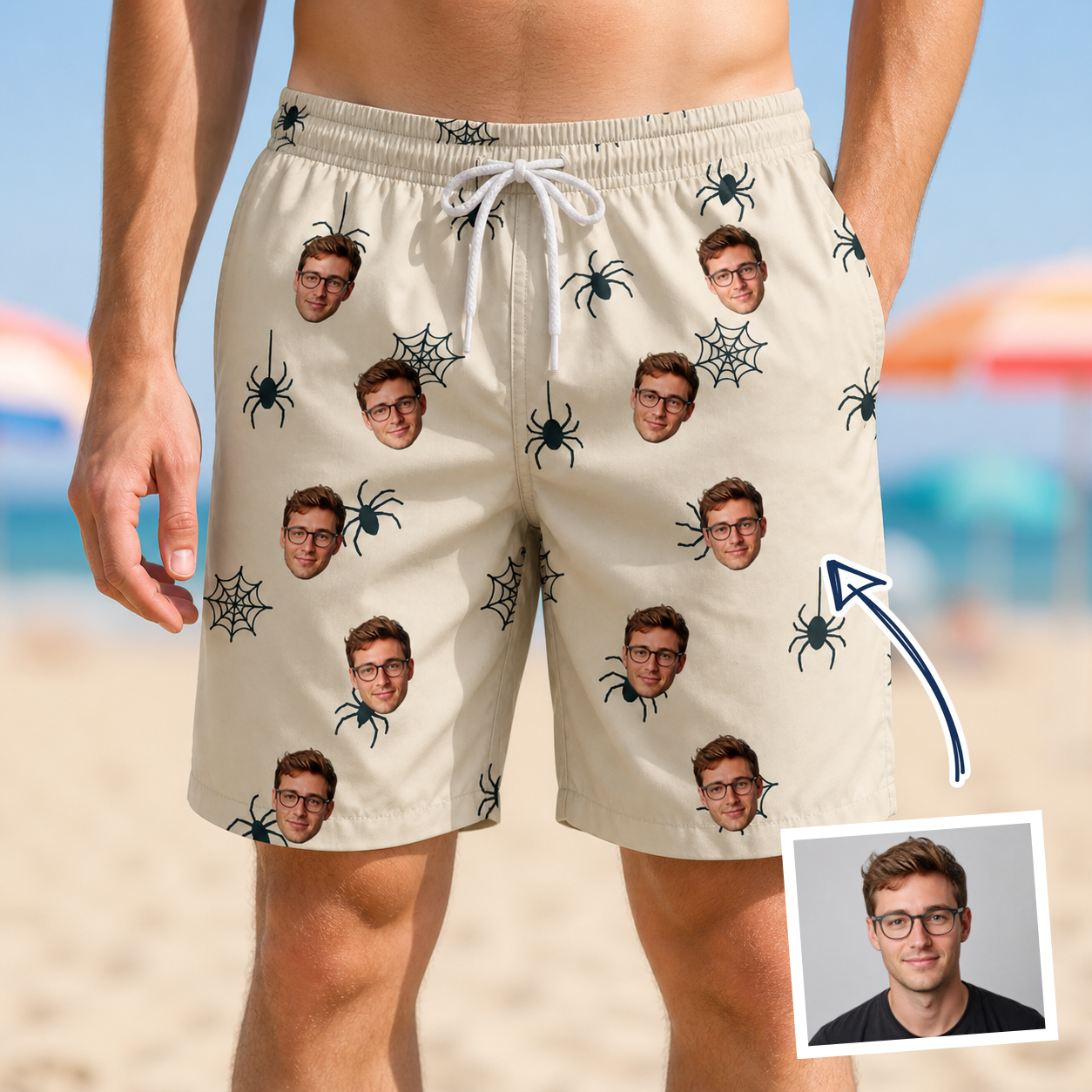 Man wearing Men's Tarantula Tango Custom Face Beach Shorts — custom faces printed all-over