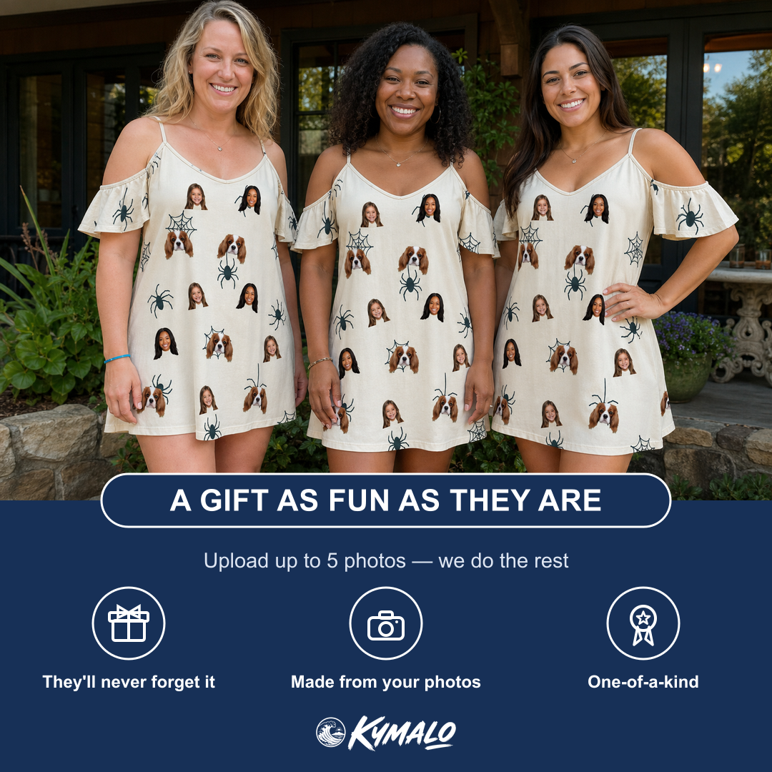 Friends in matching Women's Tarantula Tango Custom Face Off-Shoulder Dress — a group gift photo