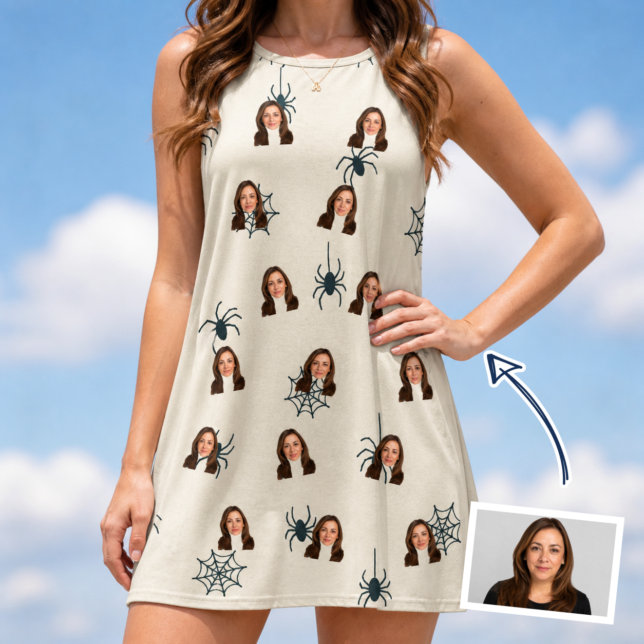 Woman wearing Women's Tarantula Tango Custom Face Tank Dress — custom faces printed all-over