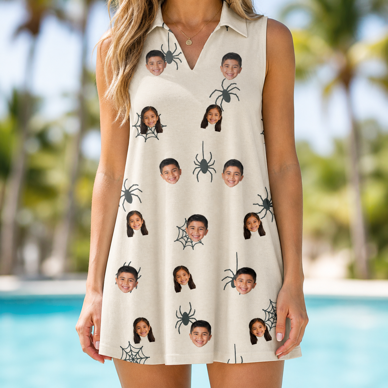 Model wearing Women's Tarantula Tango Custom Face V-Neck Dress printed with kids' faces