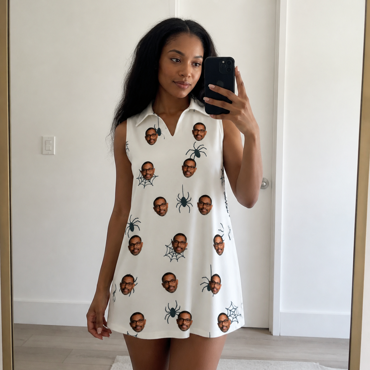 Real-life photo of someone wearing Women's Tarantula Tango Custom Face V-Neck Dress — custom faces printed all-over