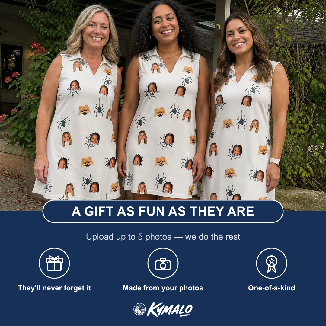 Friends in matching Women's Tarantula Tango Custom Face V-Neck Dress — a group gift photo
