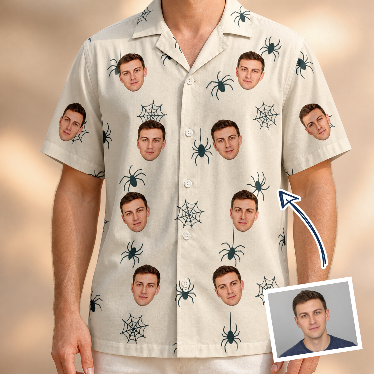 Man wearing Men's Tarantula Tango Custom Face Hawaiian Shirt — custom faces printed all-over