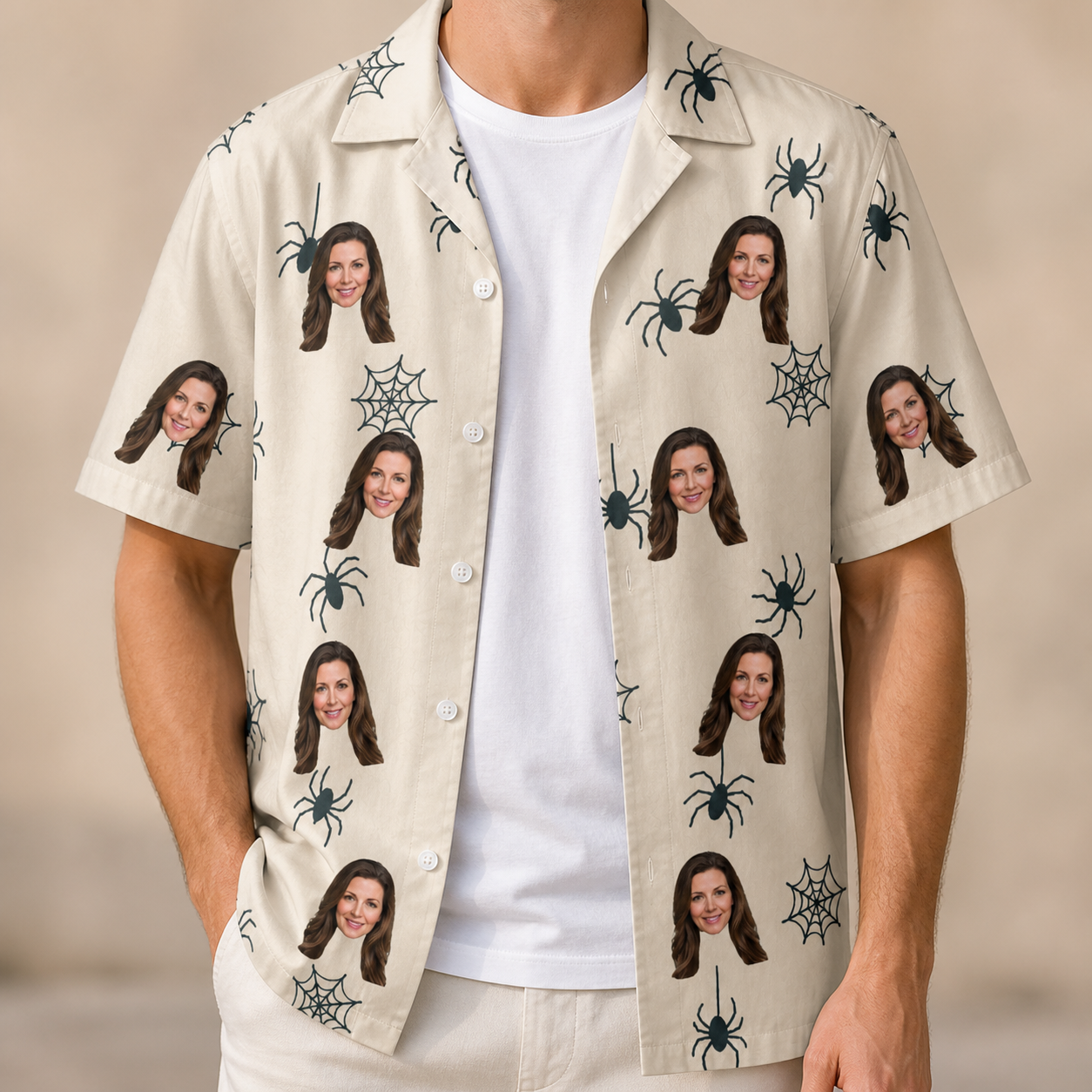 Man wearing Men's Tarantula Tango Custom Face Hawaiian Shirt open over a white tee