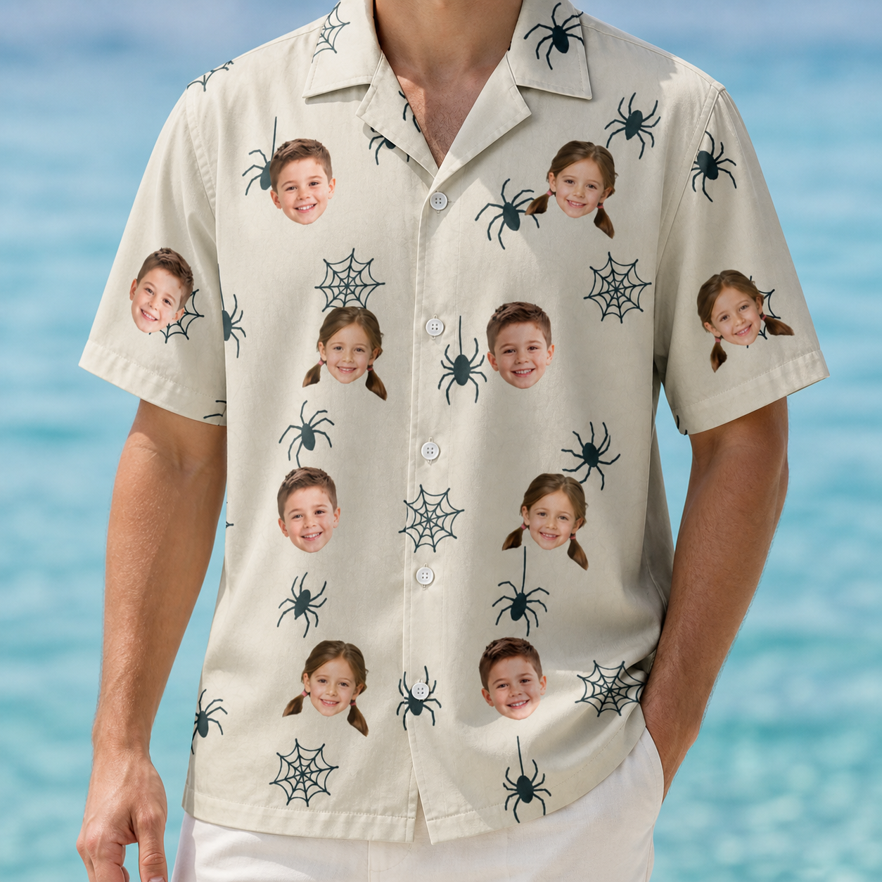 Model wearing Men's Tarantula Tango Custom Face Hawaiian Shirt printed with kids' faces