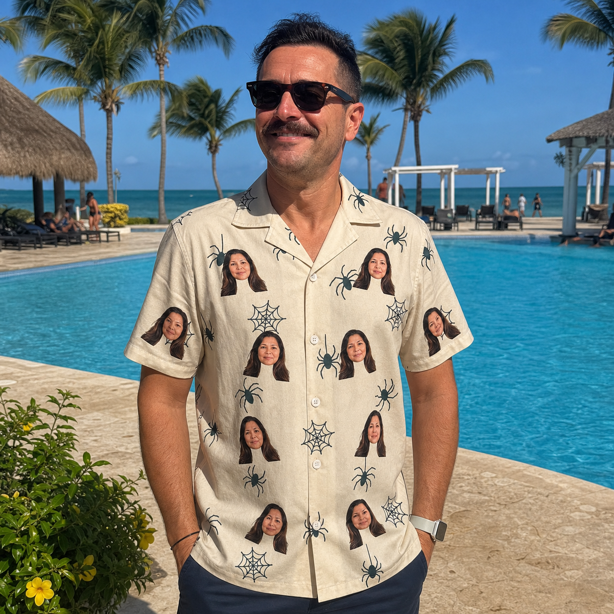 Real-life photo of someone wearing Men's Tarantula Tango Custom Face Hawaiian Shirt — custom faces printed all-over