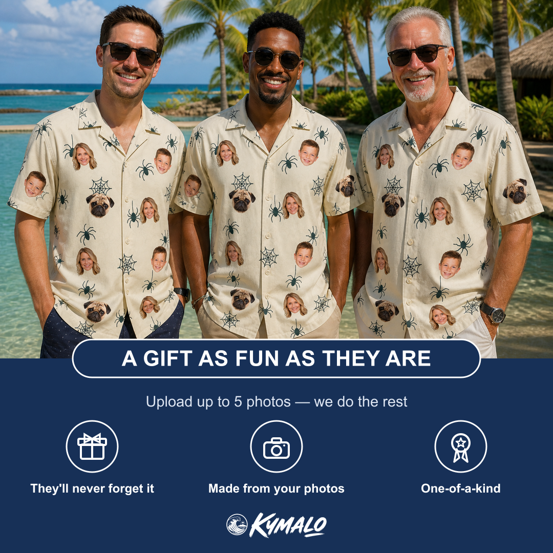 Friends in matching Men's Tarantula Tango Custom Face Hawaiian Shirt — a group gift photo