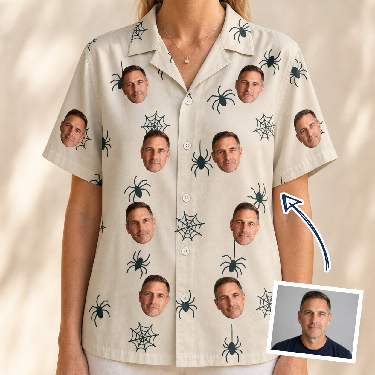 Woman wearing Women's Tarantula Tango Custom Face Hawaiian Shirt — custom faces printed all-over