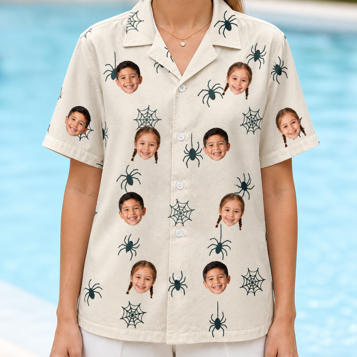 Model wearing Women's Tarantula Tango Custom Face Hawaiian Shirt printed with kids' faces