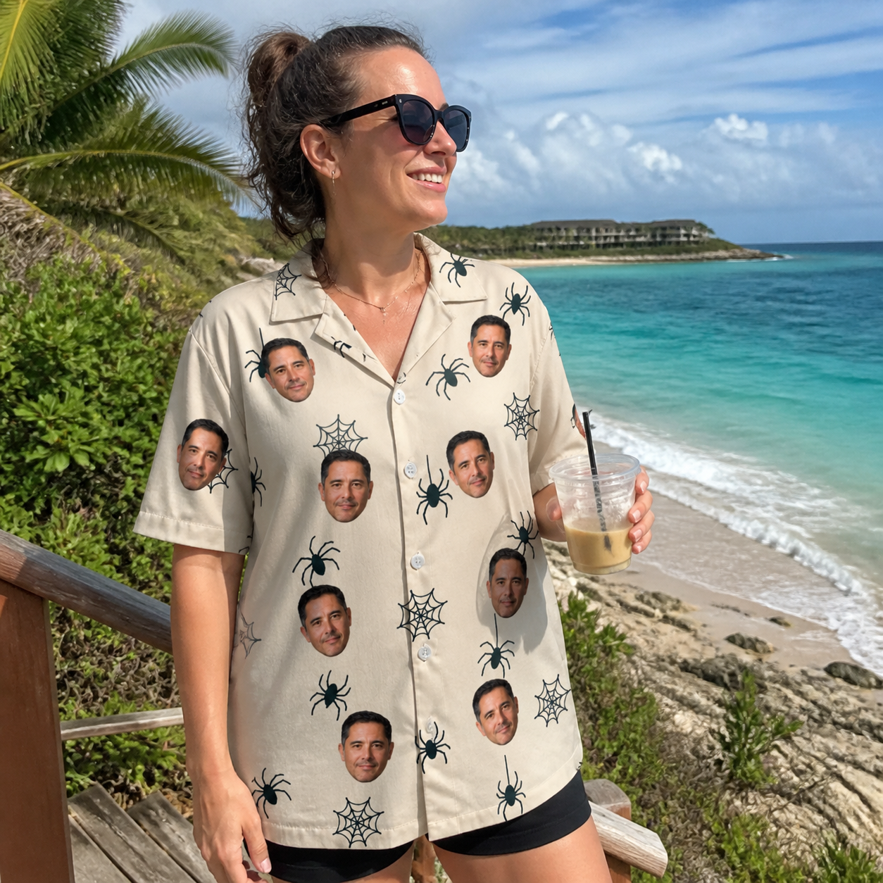 Real-life photo of someone wearing Women's Tarantula Tango Custom Face Hawaiian Shirt — custom faces printed all-over