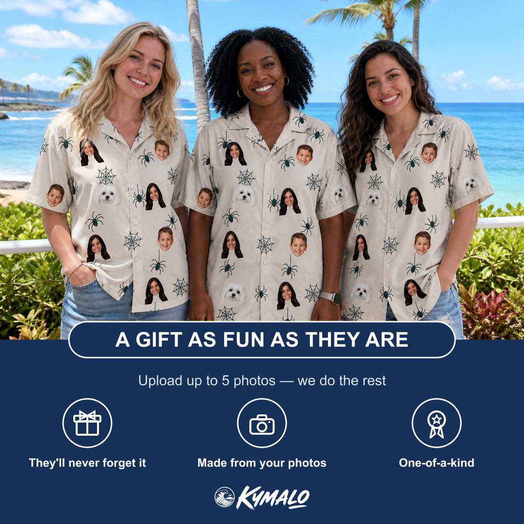Friends in matching Women's Tarantula Tango Custom Face Hawaiian Shirt — a group gift photo